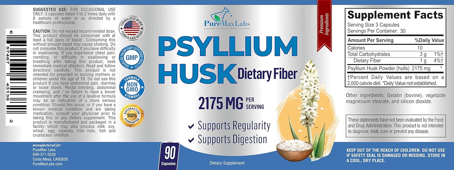High-Potency YUMMYVITE Psyllium Husk Dietary Fiber Supplement - 90 Capsules, Non-GMO Formula