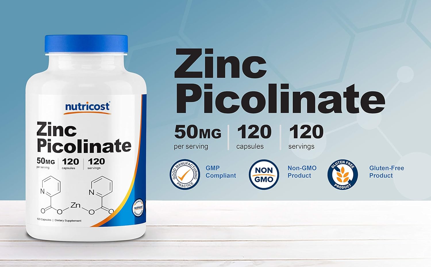 High Potency Zinc Picolinate Capsules - 50mg, 120 Vegetarian Capsules - Gluten Free & Non-GMO by Nutricost