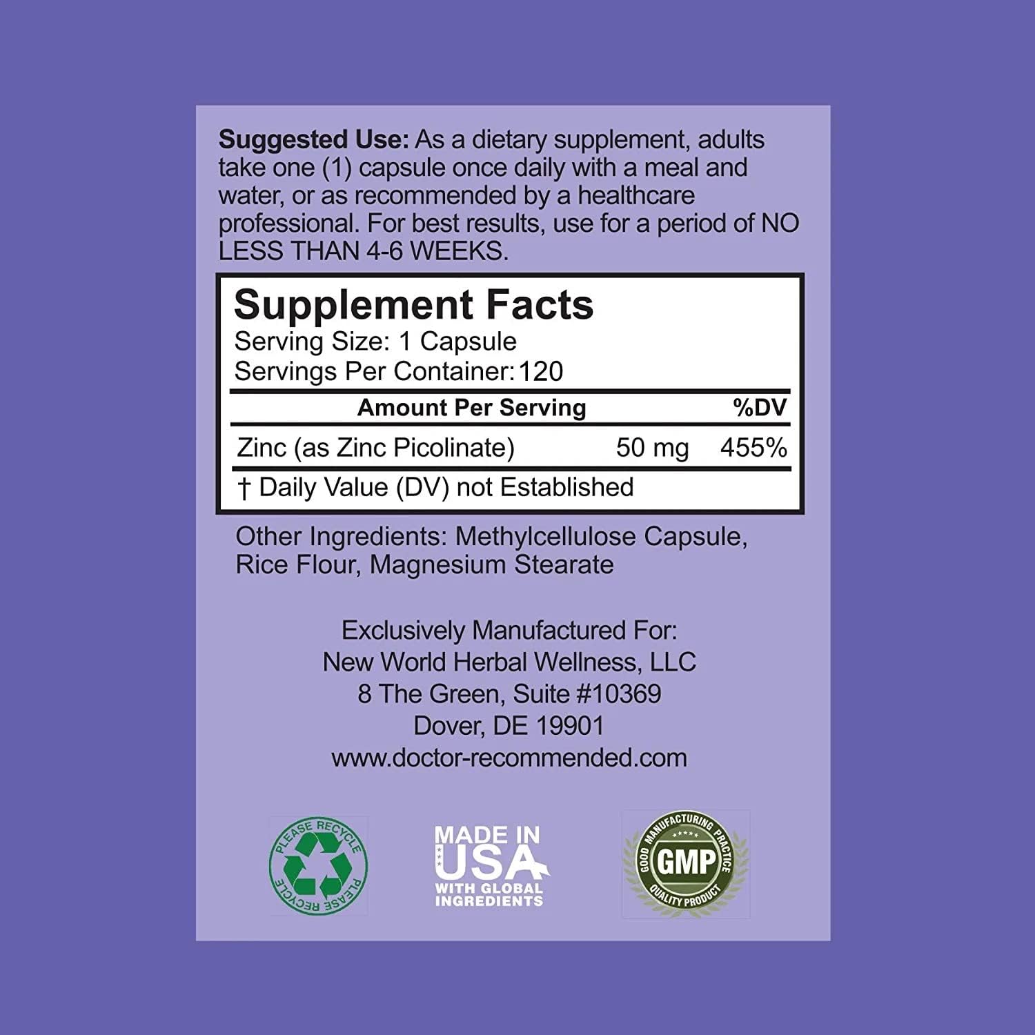 High Potency Zinc Picolinate Supplement for Immune Health Support - 360 Veggie Capsules - Doctor Recommended - 50mg Per Serving - Pure Zinc Formula for Adults and Kids