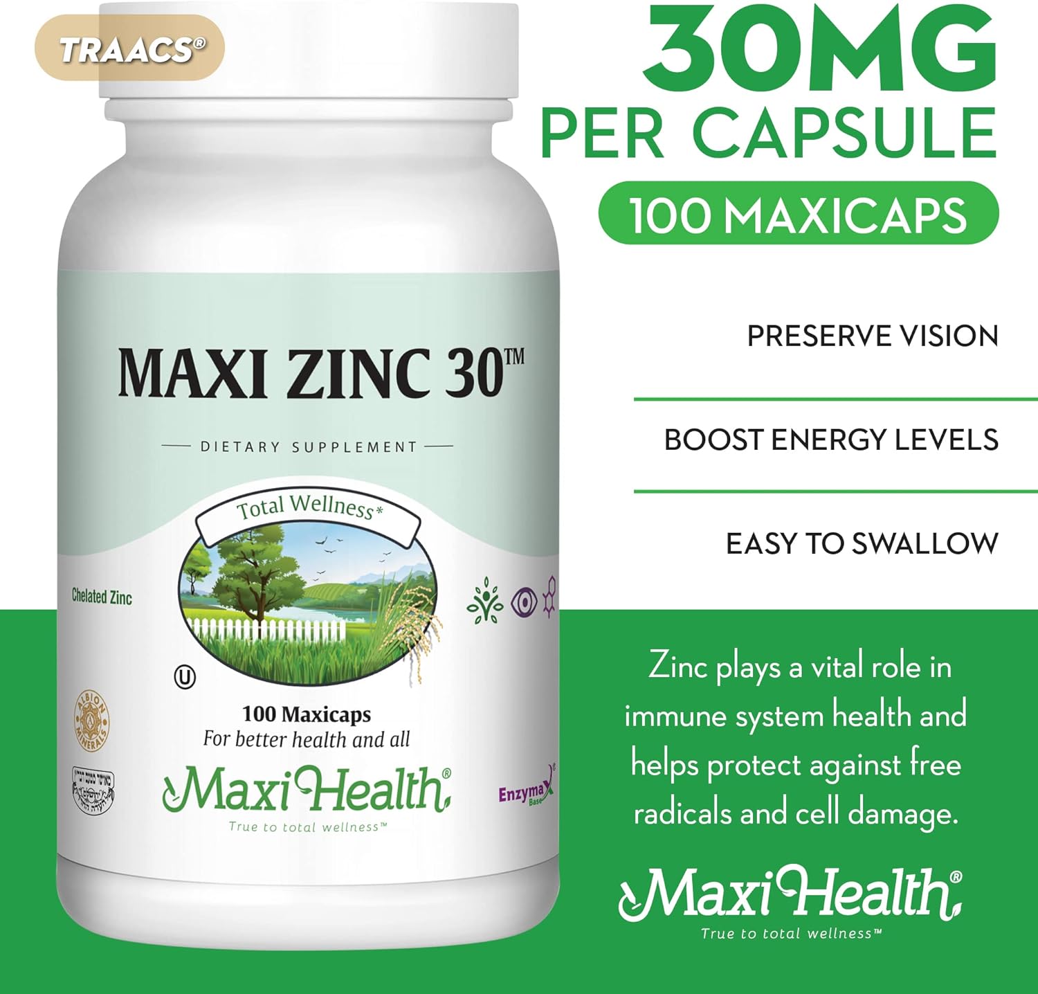 High Potency Zinc Vitamin with Enzymax for Enhanced Absorption - Immune Support Supplement for Adults - Chelated Zinc Capsules - Kosher & Made in USA - 100 Count