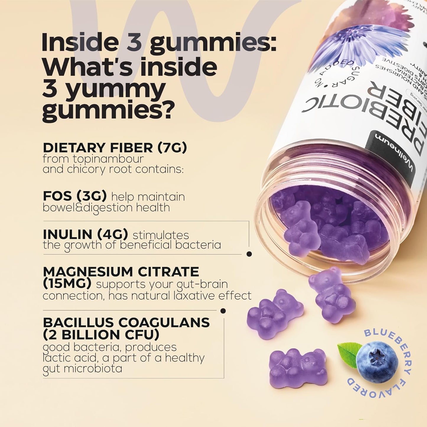 High Prebiotic Fiber Gummies for Digestive Health - Wellness Supplement with 7G Fiber per Serving - Beet FOS, Magnesium Citrate, Inulin, Probiotic - Sugar Free, Non-GMO - 160 Count