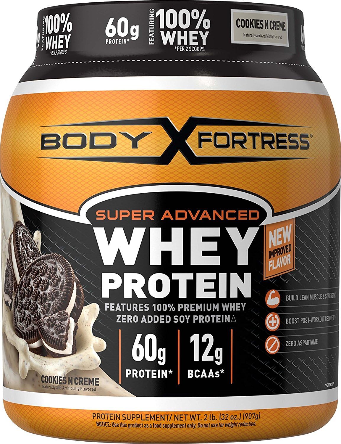 High-Protein Body Fortress Whey Powder, Cookies N' Creme Flavor, No Aspartame, 60g Protein, 2lb