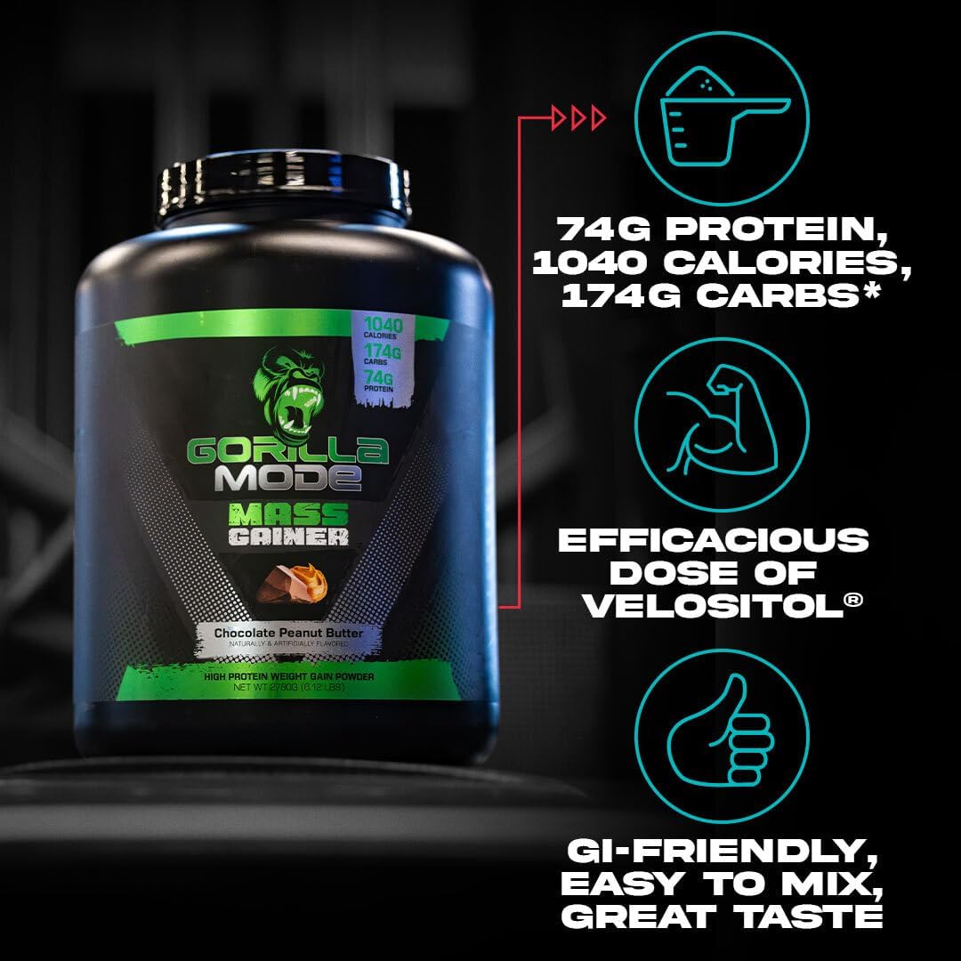 High Protein Chocolate Peanut Butter Mass Gainer Powder - 70g Protein, 1040 Calories, 175g Carbs - Weight Gain Supplement