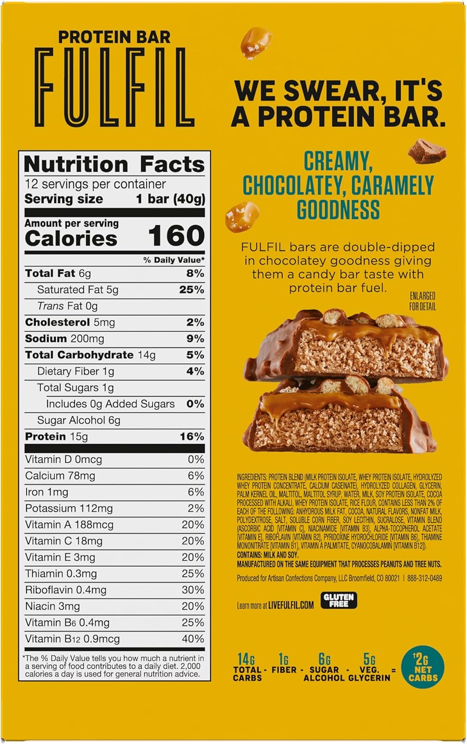 High Protein Chocolate Salted Caramel Snack Bars, 12 Count - FULFIL Brand, Pantry Staple