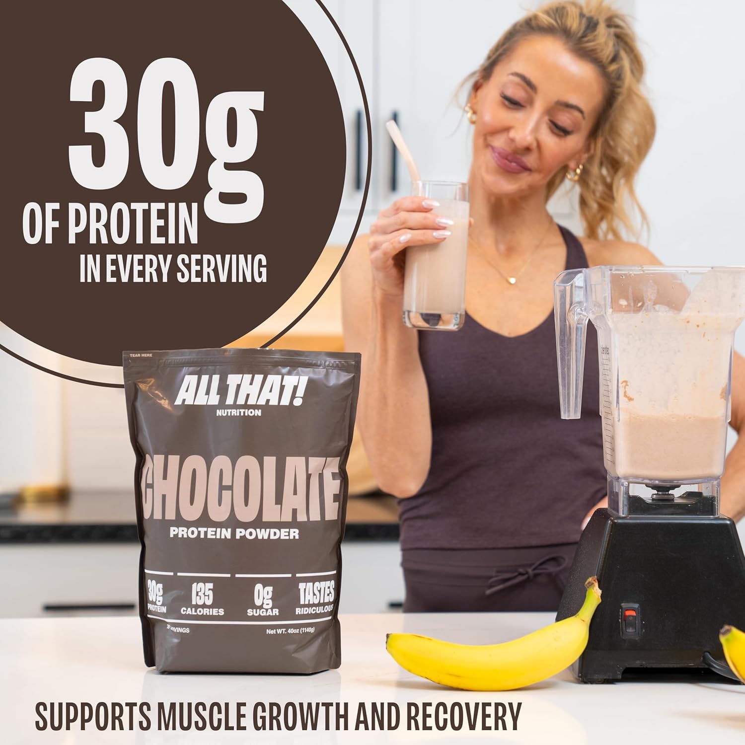 High-Protein Chocolate Whey Powder, Zero Sugar, Low Calorie, Gluten-Free, Soy-Free, 30 Servings