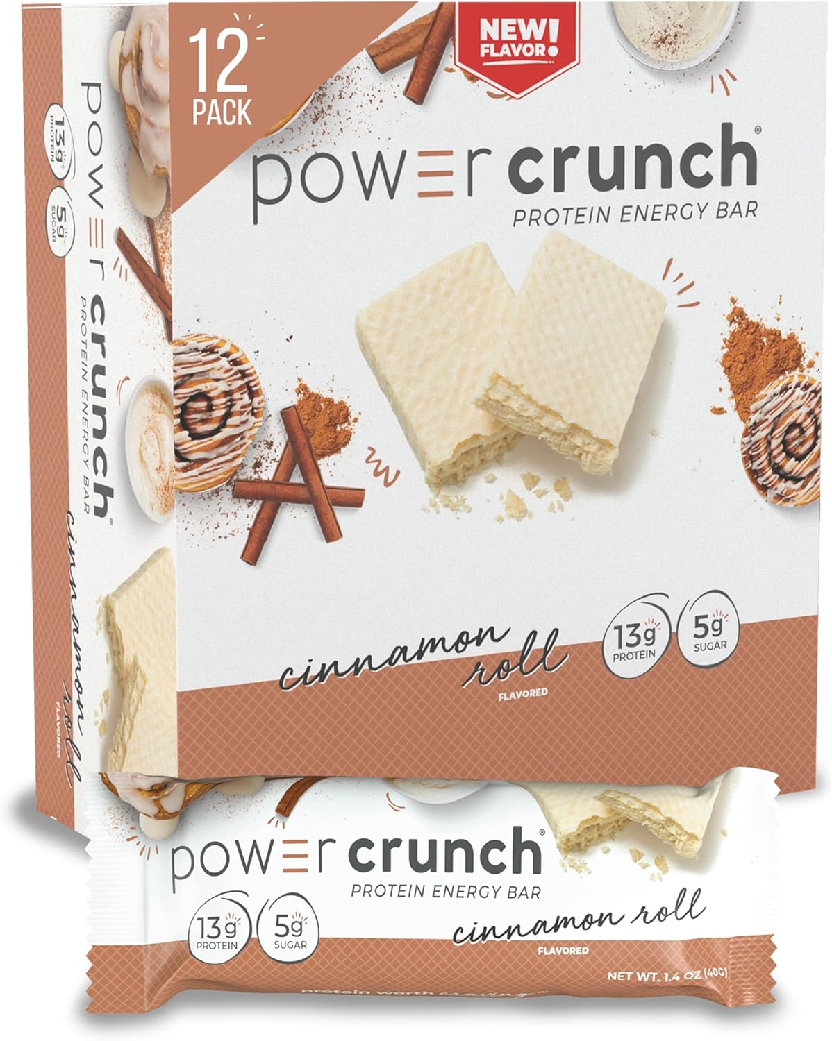High Protein Cinnamon Roll Wafer Bars - 1.4 Ounce (12 Count) - Delicious Snacks with Power Crunch