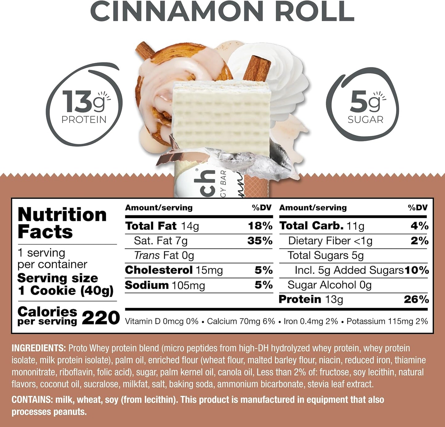 High Protein Cinnamon Roll Wafer Bars - 1.4 Ounce (12 Count) - Delicious Snacks with Power Crunch