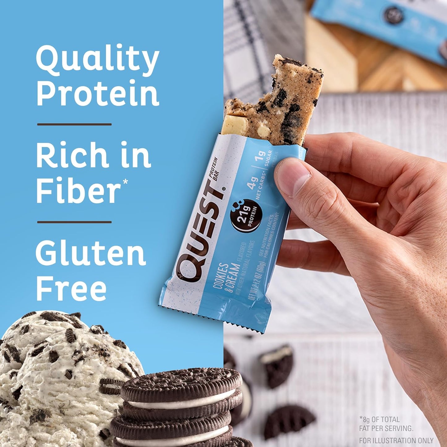 High Protein Cookies & Cream Bars, Low Net Carbs & Sugar, Gluten Free, Keto Friendly - Pack of 4