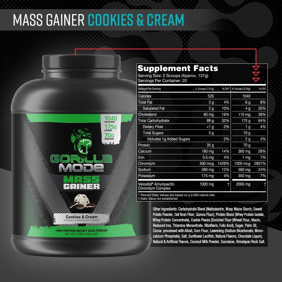 High Protein Cookies & Cream Mass Gainer Powder - 70g Protein, 1040 Calories, 175g Carbs - Weight Gain Supplement