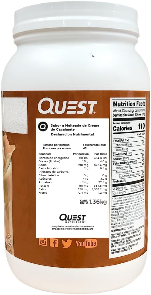 High Protein Peanut Butter Powder by Quest Nutrition - 23g Protein, 1g Sugar, Low Carb, Gluten Free - 3lb, 43 Servings