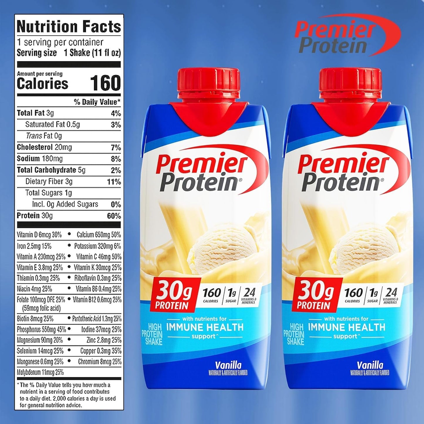 High Protein Vanilla Shake - 30g Protein, 160 Calories, 24 Vitamins & Minerals - JÁCLER Premier - Ready Set Gourmet - 1 Case (11 fl. oz, 10 pk) - Donate a Meal Program