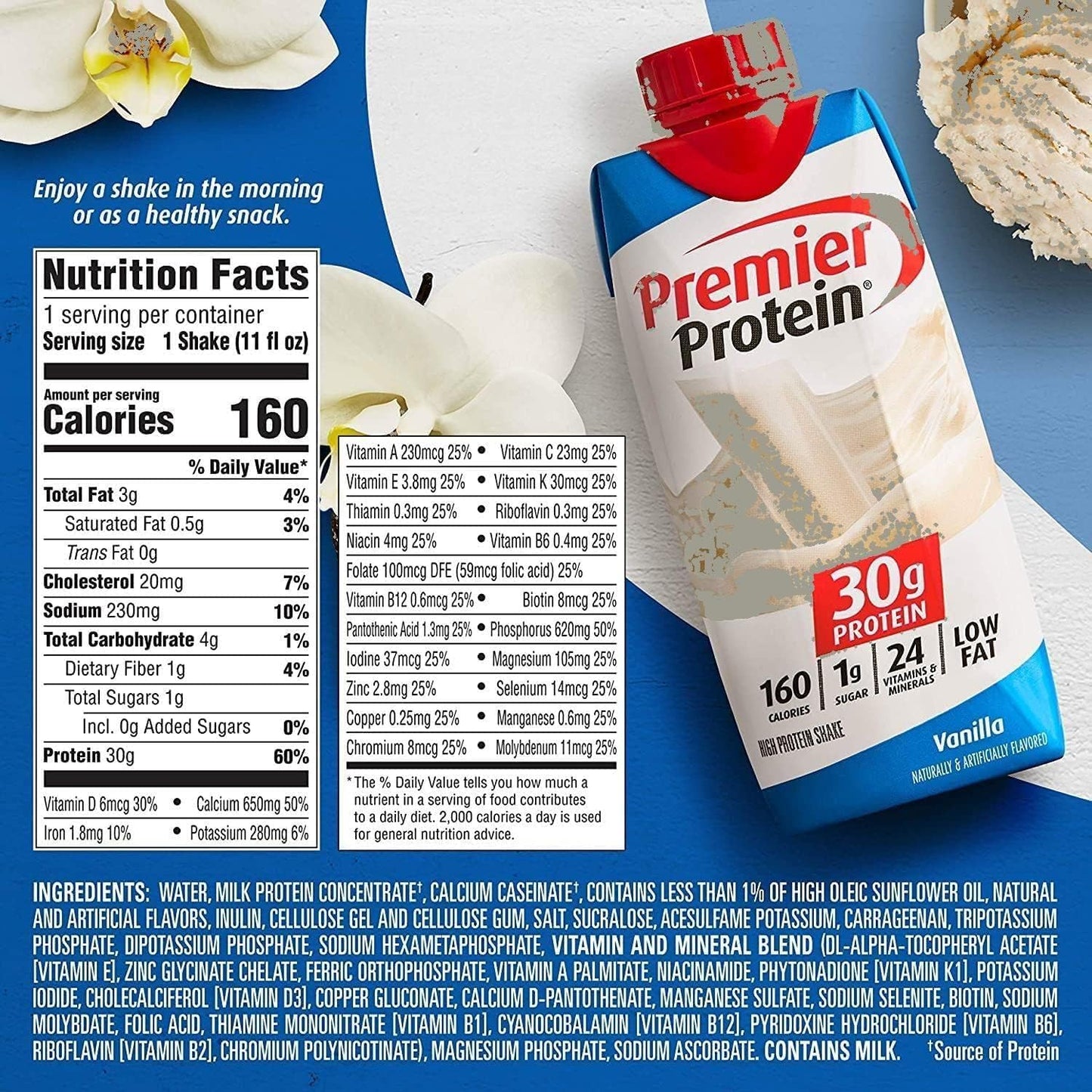 High Protein Vanilla Shake - 30g Protein, 160 Calories, 24 Vitamins & Minerals - JÁCLER Premier - Ready Set Gourmet - 1 Case (11 fl. oz, 10 pk) - Donate a Meal Program