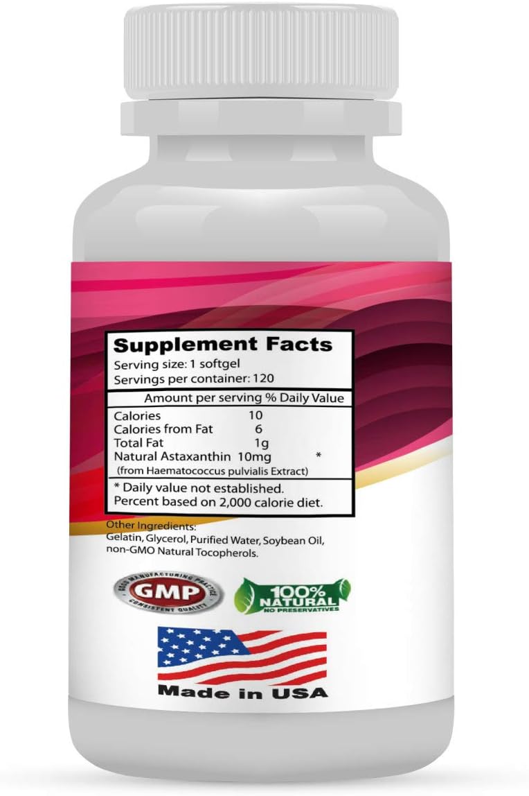 High Purity Astaxanthin 10mg Softgels - Natural Antioxidant for Eye, Brain, Joint, Skin, Heart Health - 120 Count - 4 Month Supply