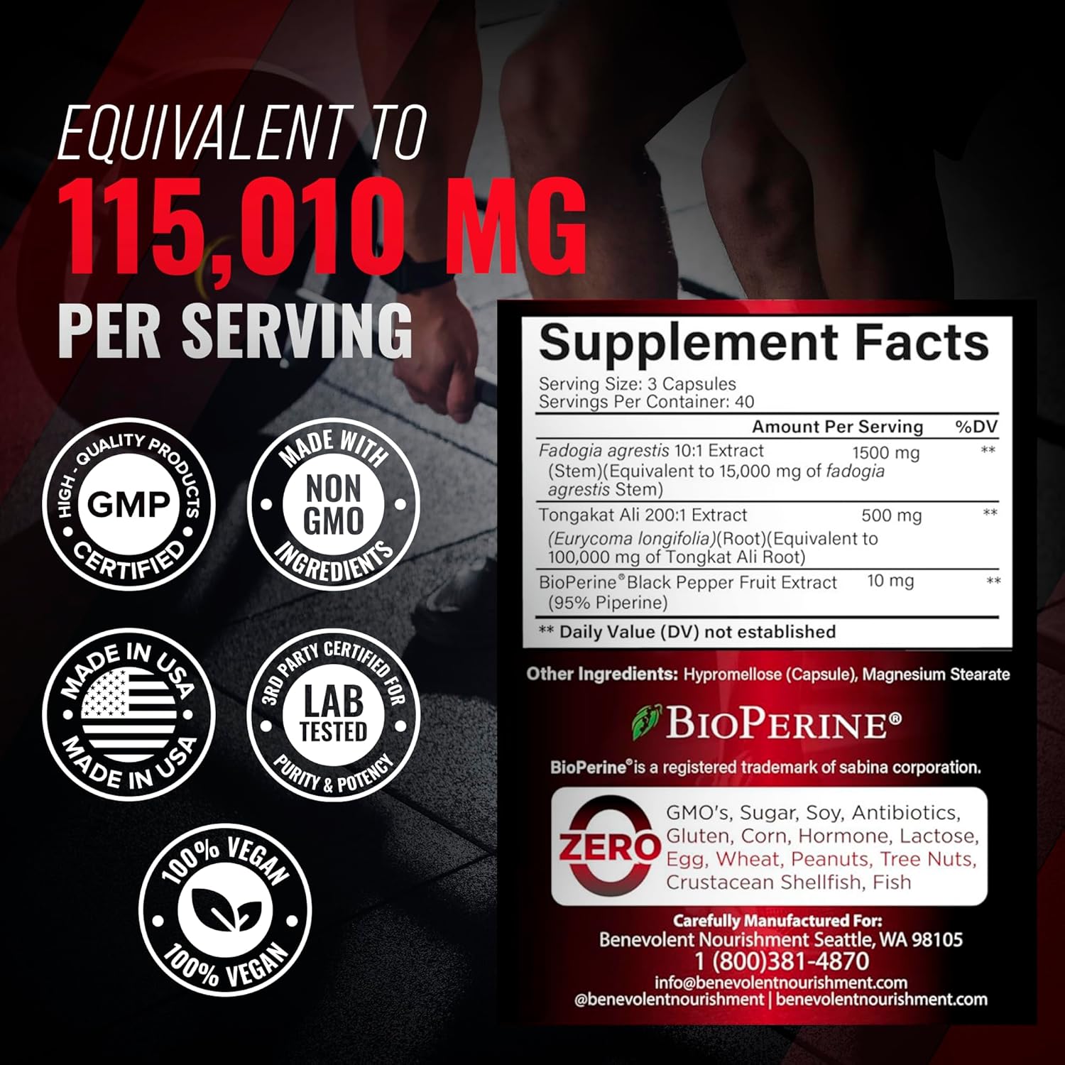 High Purity Fadogia Agrestis 1500mg Supplement with BioPerine® & Tongkat Ali - Boost Stamina, Muscle Growth, Drive - 120 Capsules