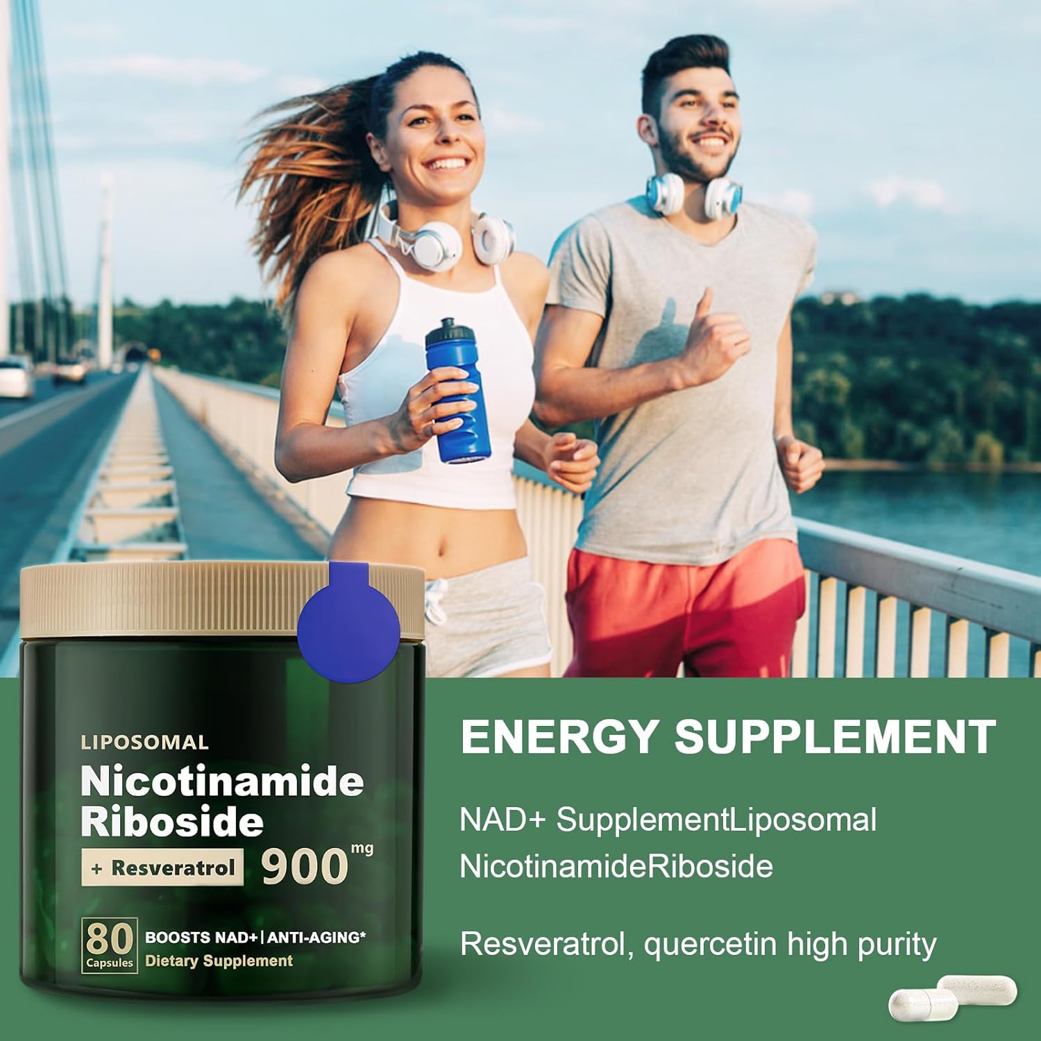 High Purity Liposomal NAD+ Supplement with Nicotinamide Riboside, Resveratrol, and Quercetin - 900mg Capsules for Energy and Focus