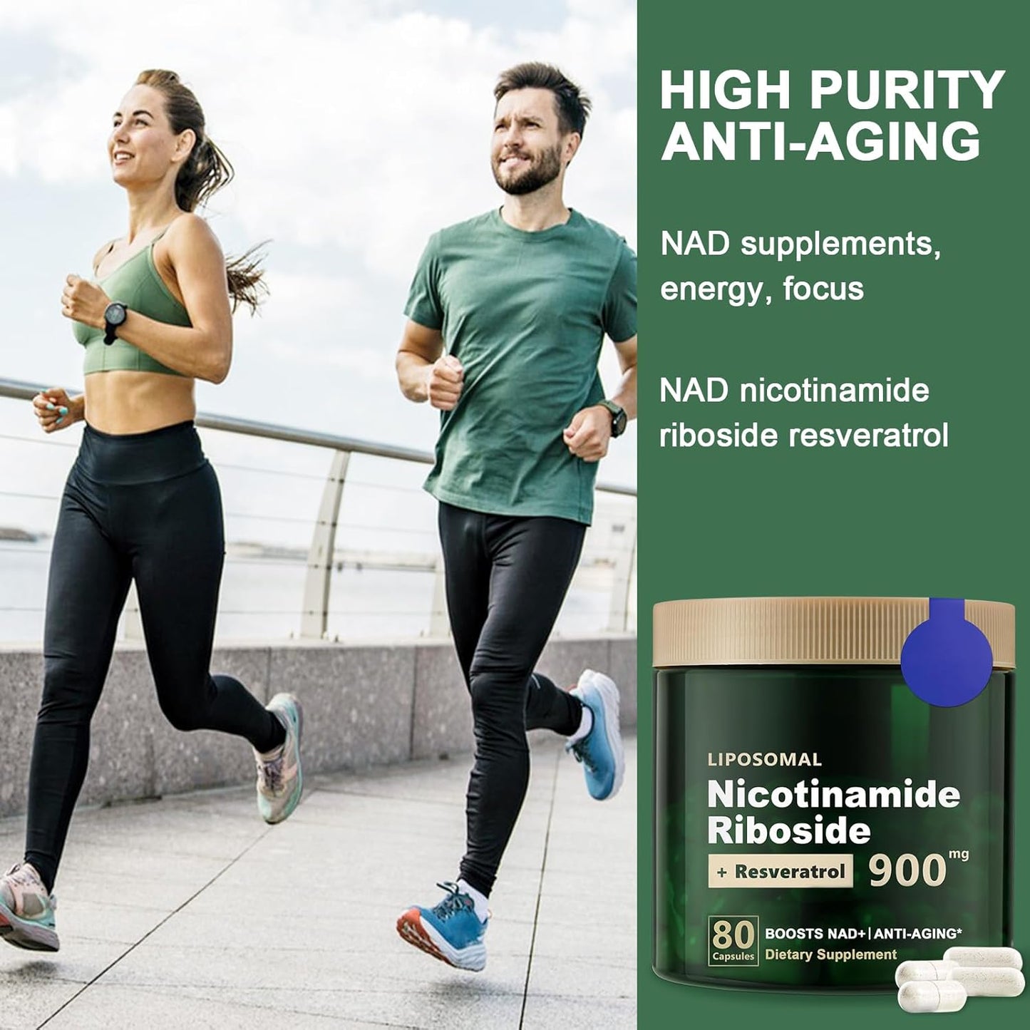 High Purity Liposomal NAD+ Supplement with Nicotinamide Riboside, Resveratrol, and Quercetin - 900mg Capsules for Energy and Focus