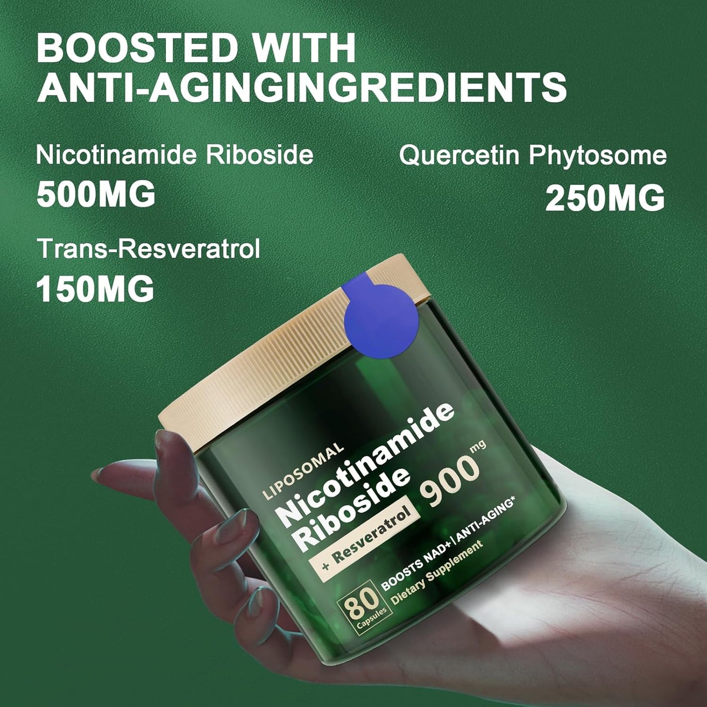 High Purity Liposomal NAD+ Supplement with Nicotinamide Riboside, Resveratrol, and Quercetin - 900mg Capsules for Energy and Focus