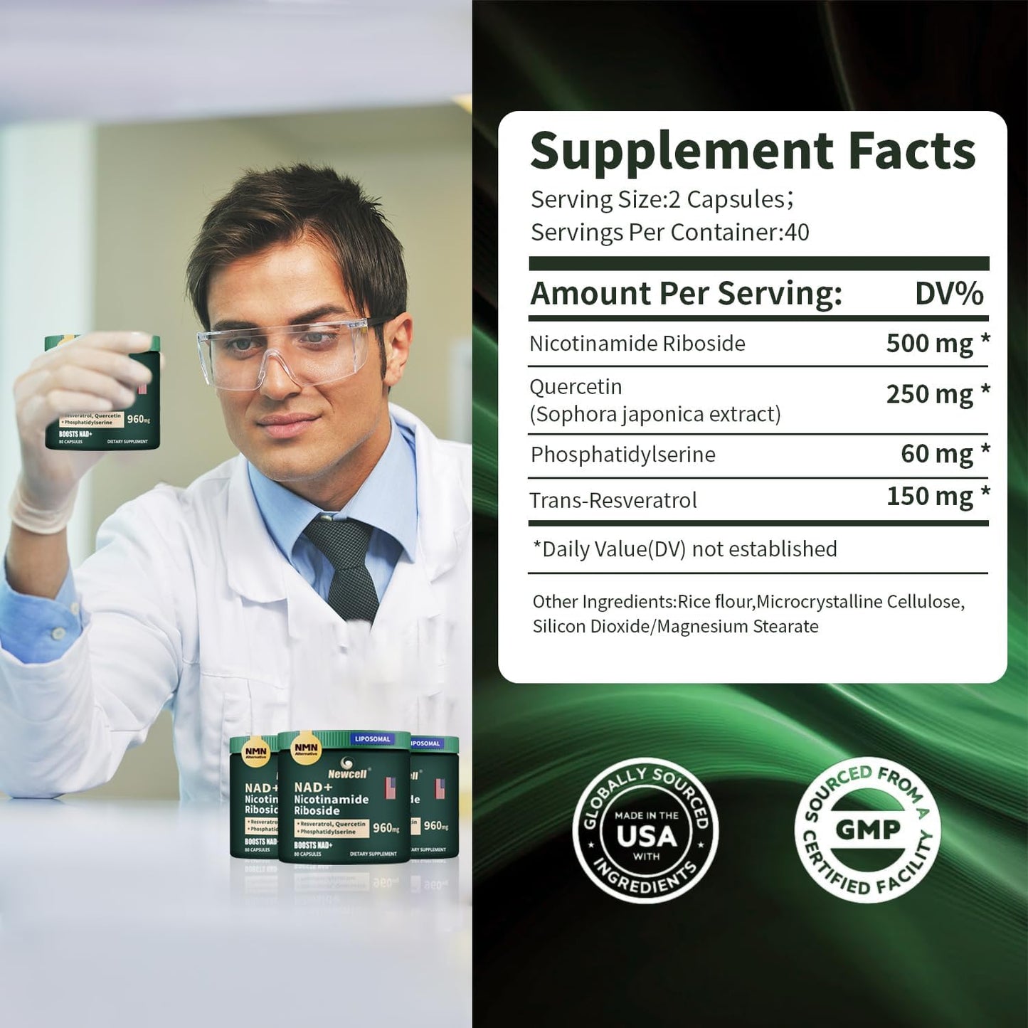 High Purity Liposomal NAD+ Supplement with Resveratrol and Quercetin - Anti-Aging, Energy, Focus - 80 Capsules by Newcell