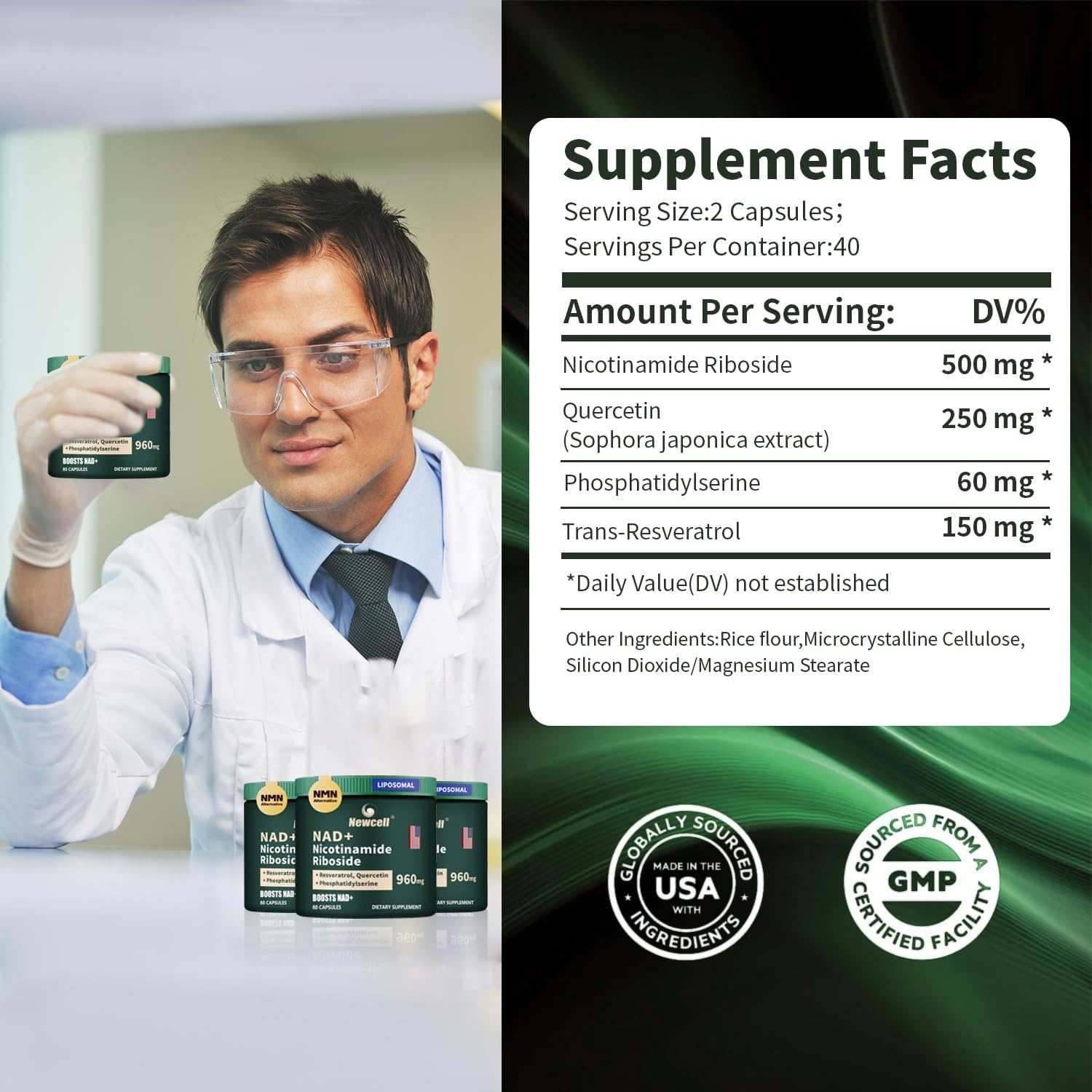 High Purity Liposomal NAD+ Supplement with Resveratrol and Quercetin - Anti-Aging, Energy, Focus - 80 Capsules by Newcell