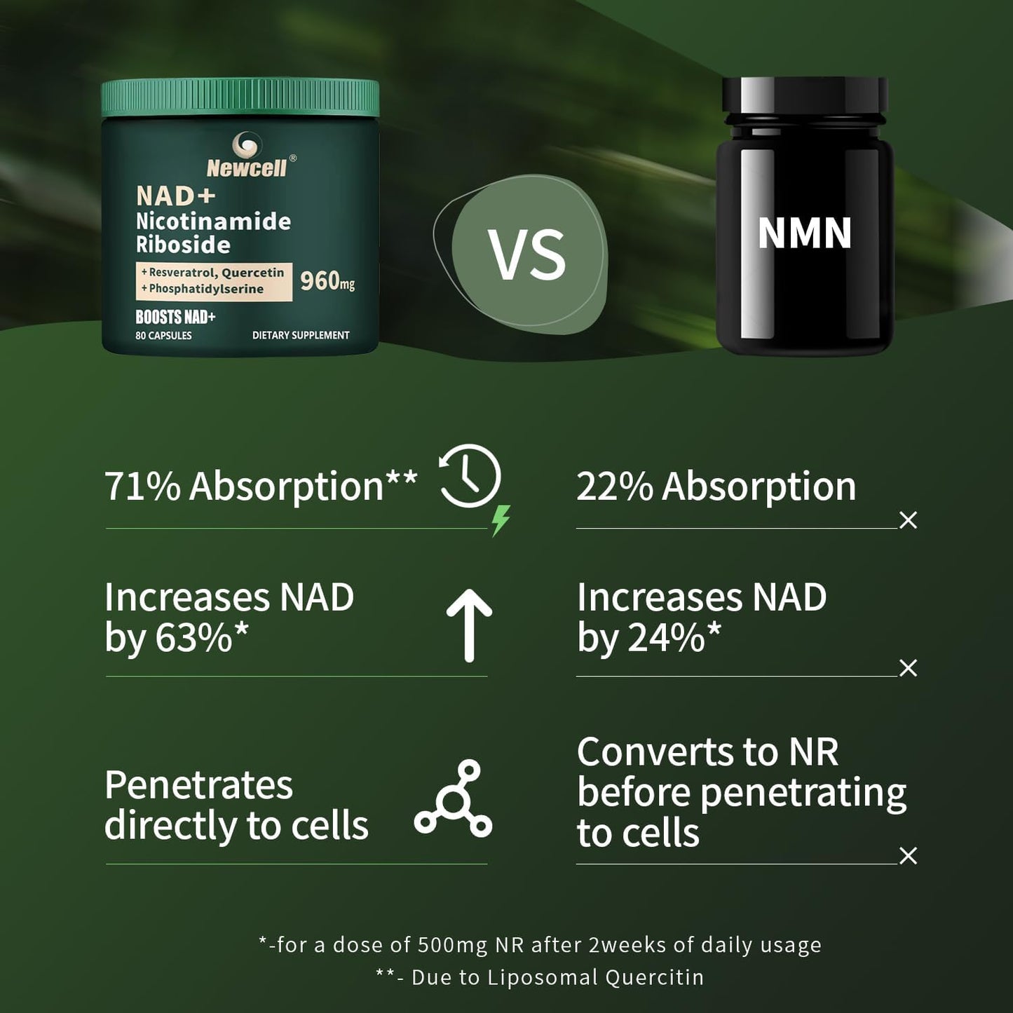 High Purity Liposomal NAD+ Supplement with Resveratrol and Quercetin - Anti-Aging, Energy, Focus - 80 Capsules by Newcell