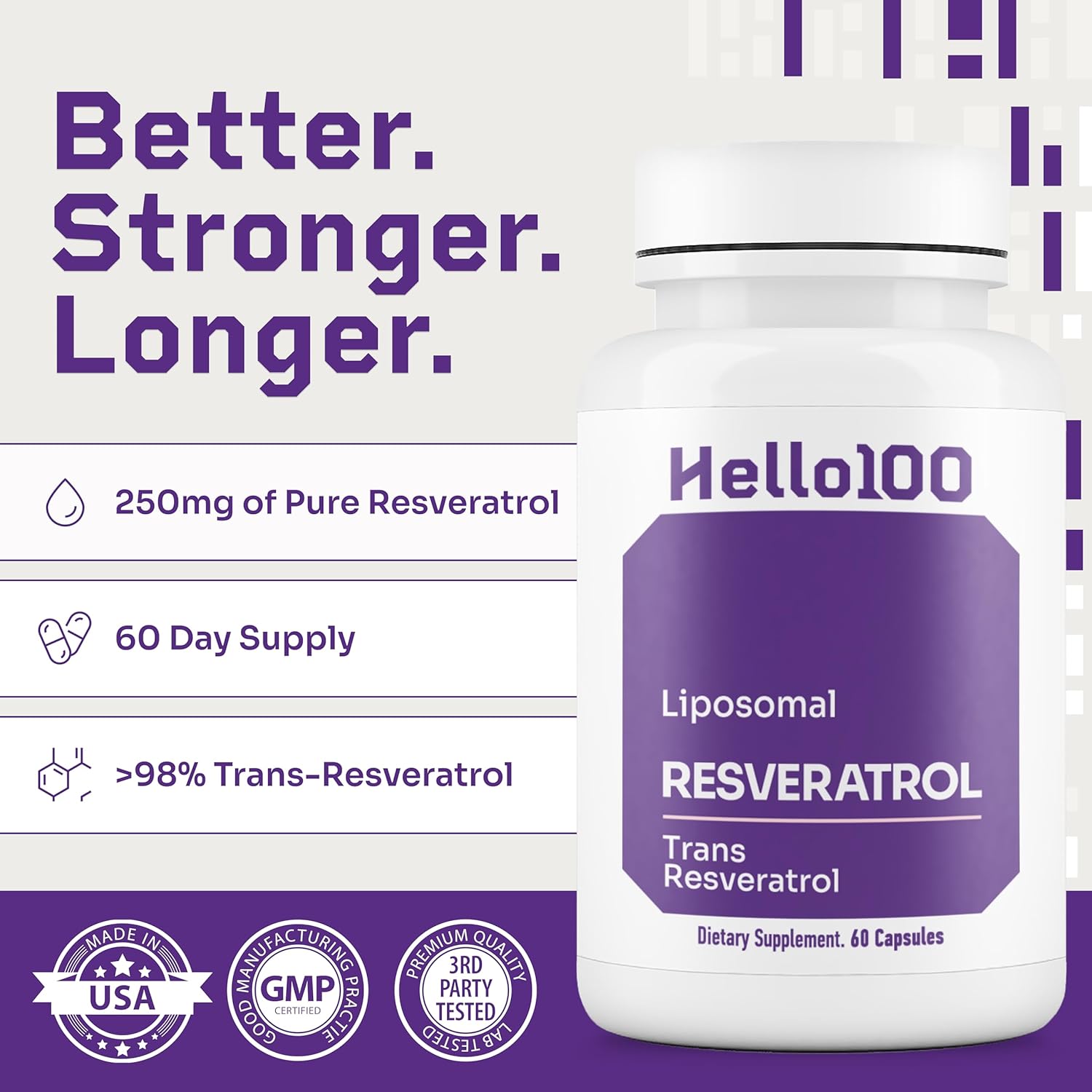 High Purity Liposomal Trans Resveratrol Supplement - 250mg Capsules, Vegan, Antioxidant - 60 Count