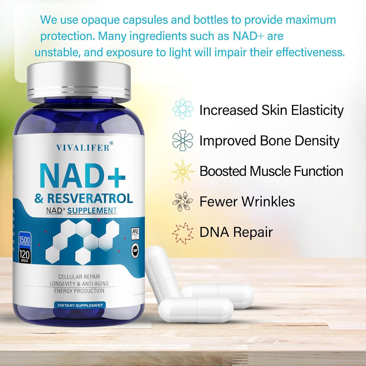 High Purity NAD+ & Resveratrol Supplement - 120 Capsules, 1500mg - Anti-Aging, Antioxidant Support, Energy Boost