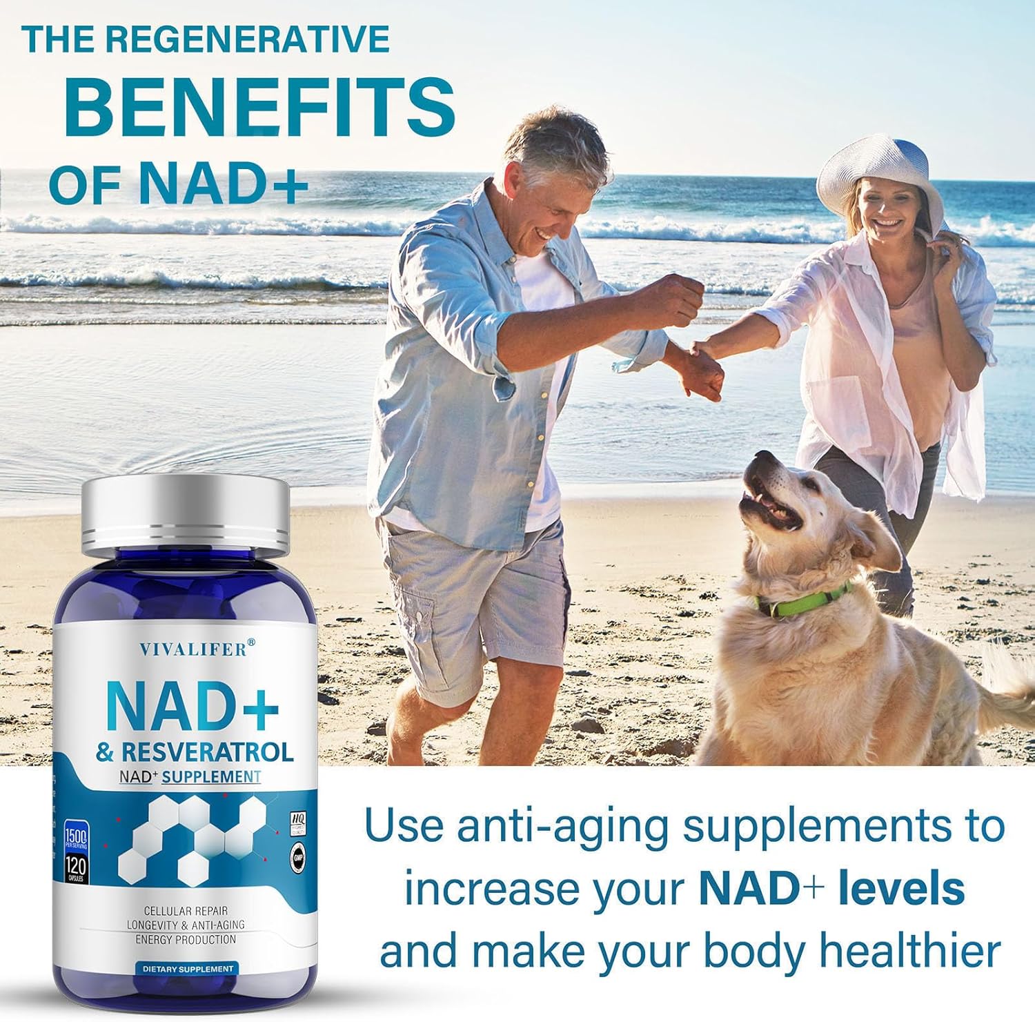 High Purity NAD+ & Resveratrol Supplement - 120 Capsules, 1500mg - Anti-Aging, Antioxidant Support, Energy Boost