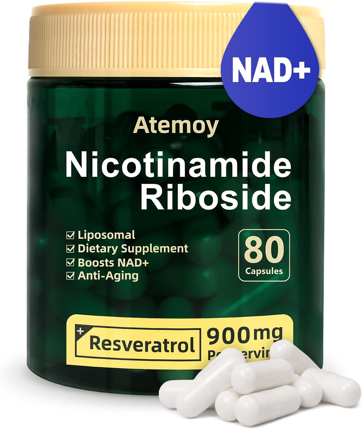 High Purity NAD+ Supplement with Liposomal Nicotinamide Riboside, Resveratrol, and Quercetin - 80 Capsules for Energy and Focus