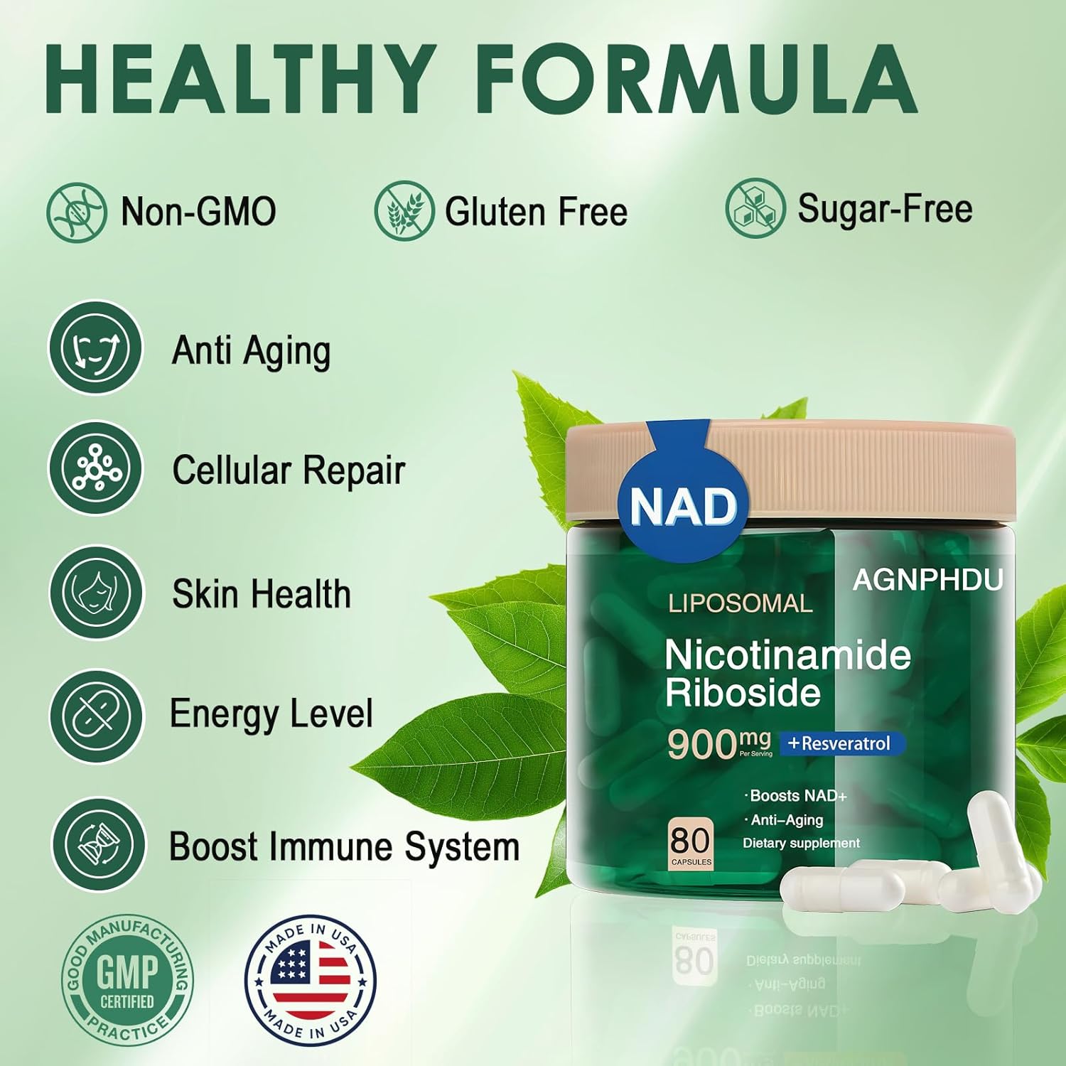 High Purity NAD+ Supplement with Liposomal Nicotinamide Riboside, Resveratrol, and Quercetin - 80 Capsules for Energy, Anti-Aging, and Focus