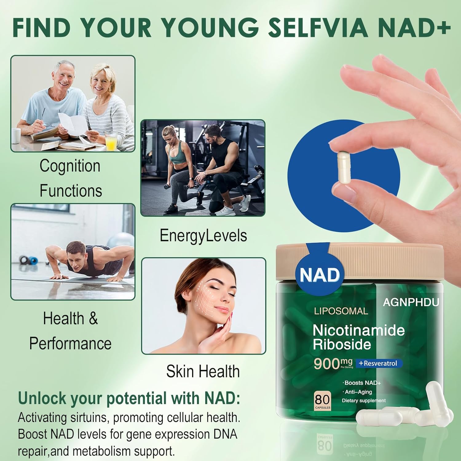 High Purity NAD+ Supplement with Liposomal Nicotinamide Riboside, Resveratrol, and Quercetin - 80 Capsules for Energy, Anti-Aging, and Focus