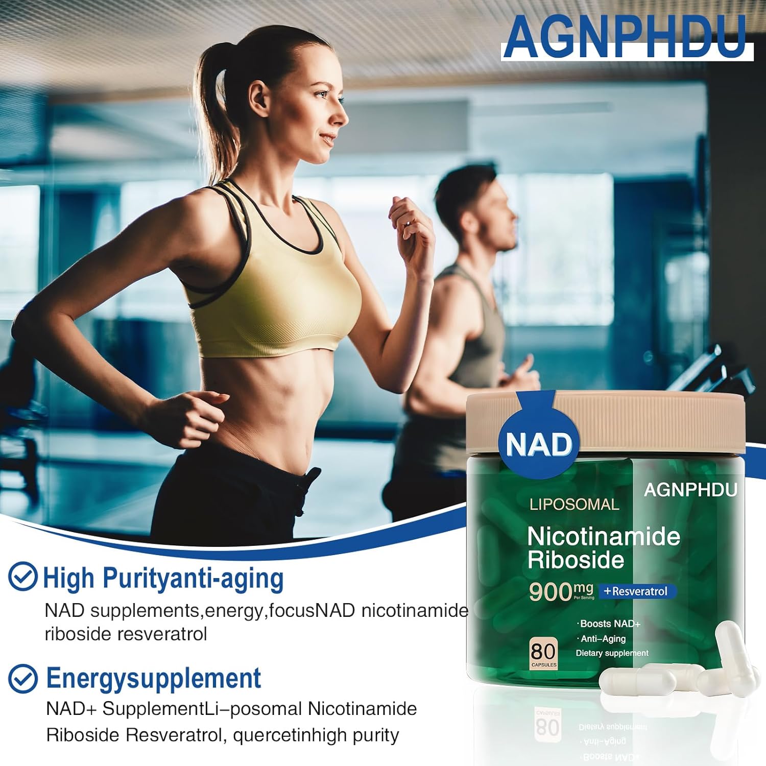High Purity NAD+ Supplement with Liposomal Nicotinamide Riboside, Resveratrol, and Quercetin - 80 Capsules for Energy, Anti-Aging, and Focus