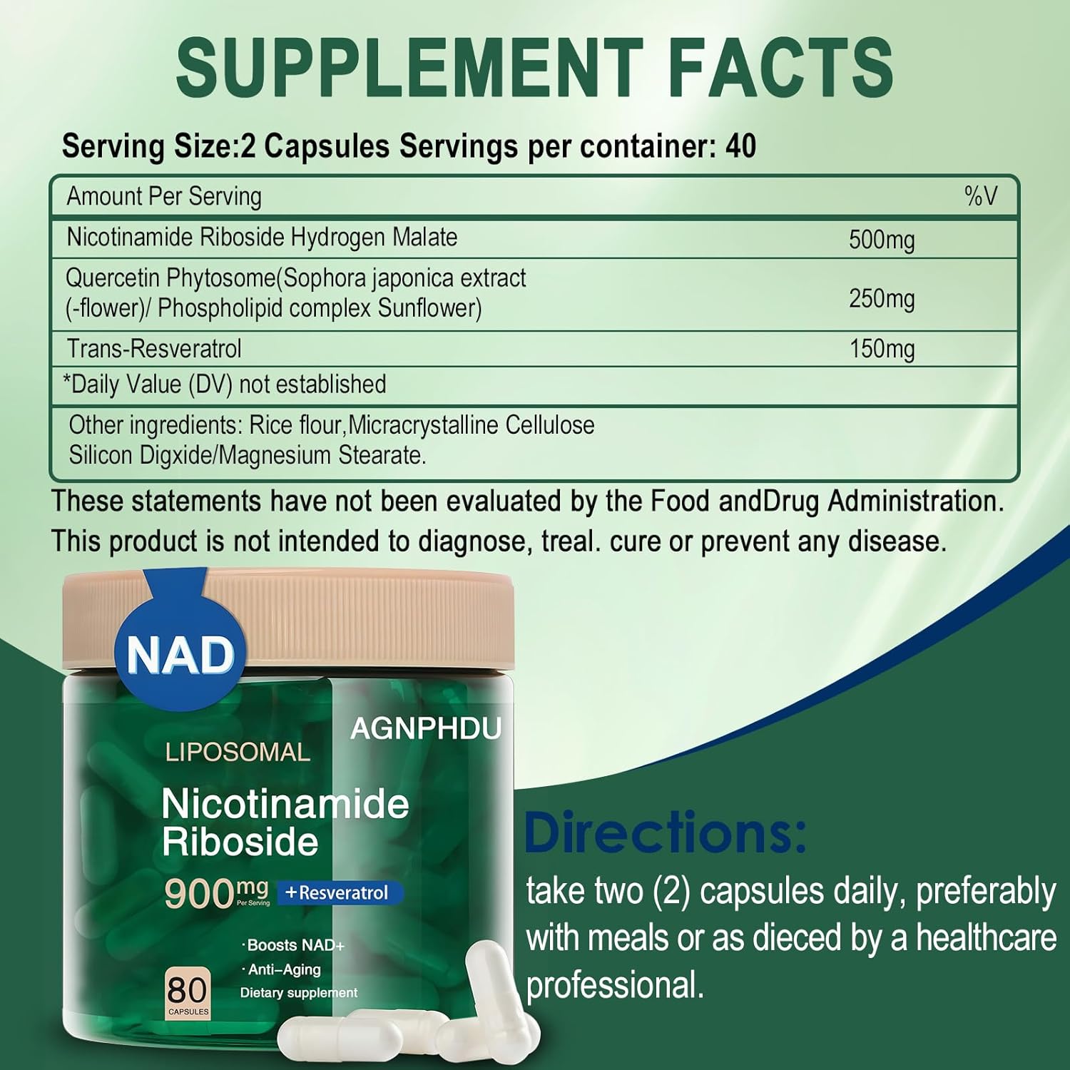 High Purity NAD+ Supplement with Liposomal Nicotinamide Riboside, Resveratrol, and Quercetin - 80 Capsules for Energy, Anti-Aging, and Focus