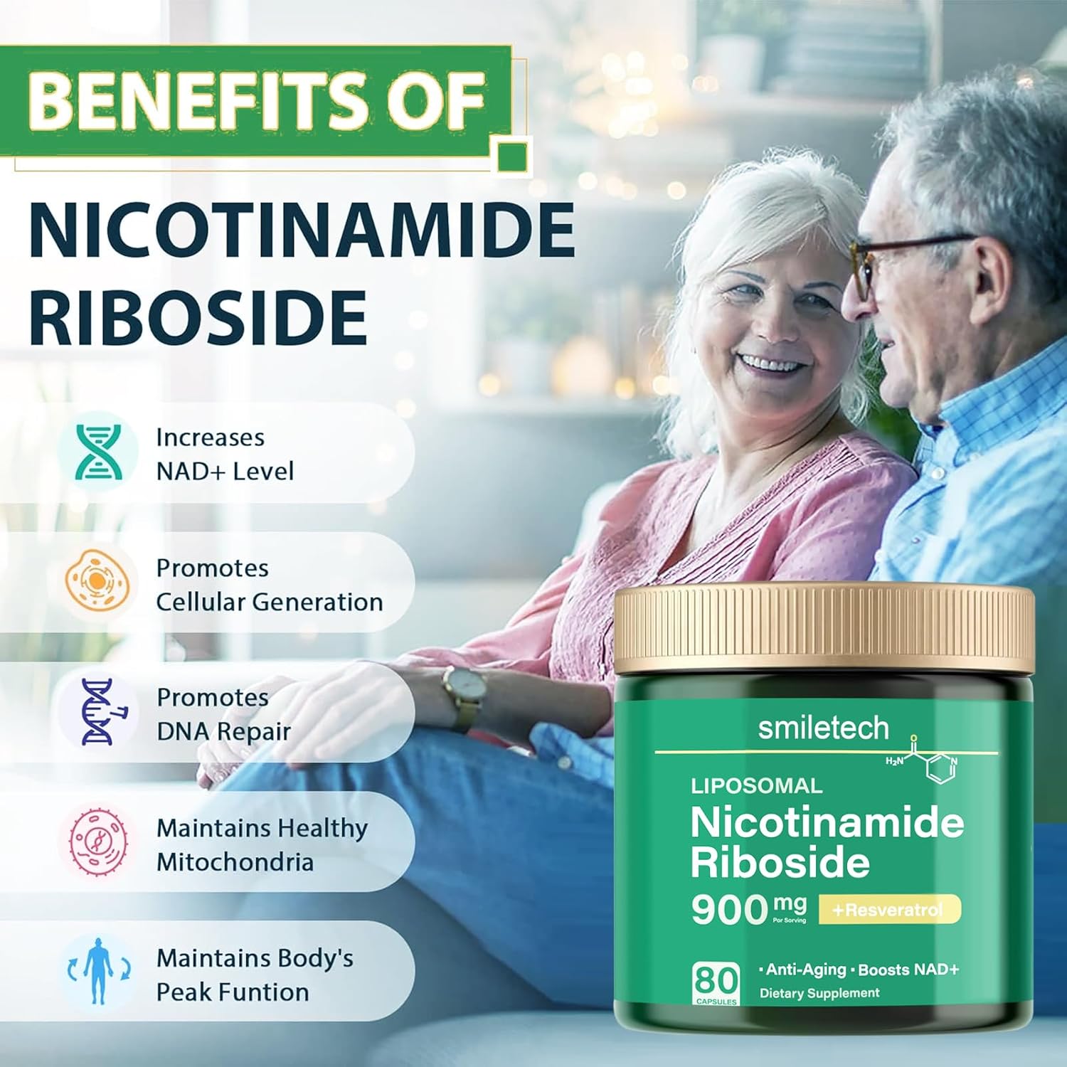 High Purity NAD Supplement with Nicotinamide Riboside and Liposomal Resveratrol for Anti-Aging and Energy Boost