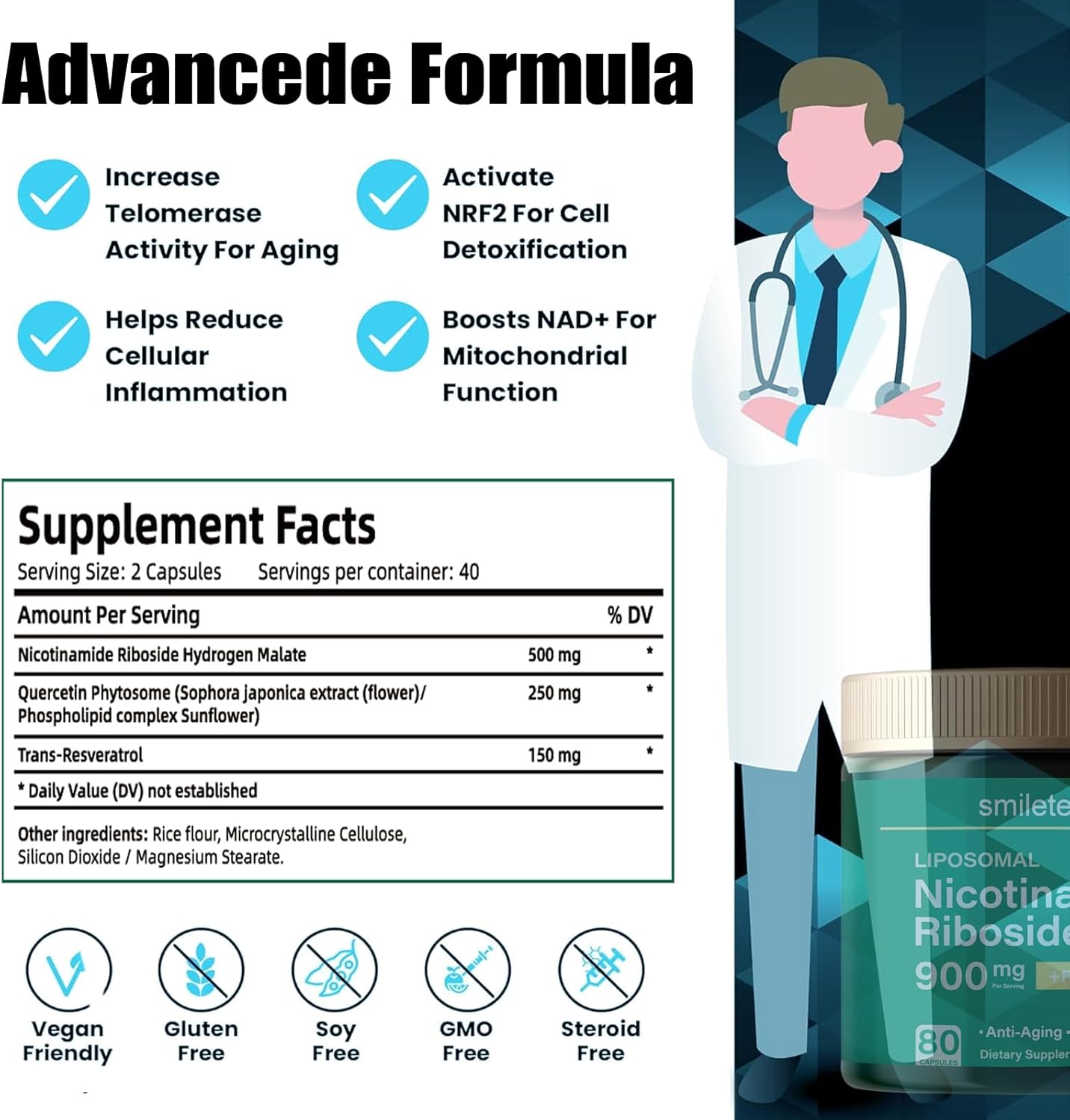 High Purity NAD Supplement with Nicotinamide Riboside and Liposomal Resveratrol for Anti-Aging and Energy Boost