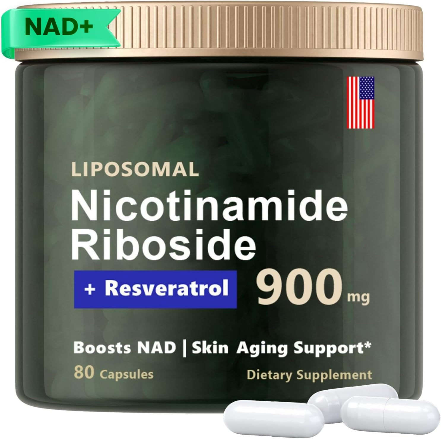 High Purity NAD+ Supplement with NMN, Resveratrol, Quercetin - 900mg Liposomal Nicotinamide Riboside for Anti-Aging, Energy, Focus - 80 Capsules