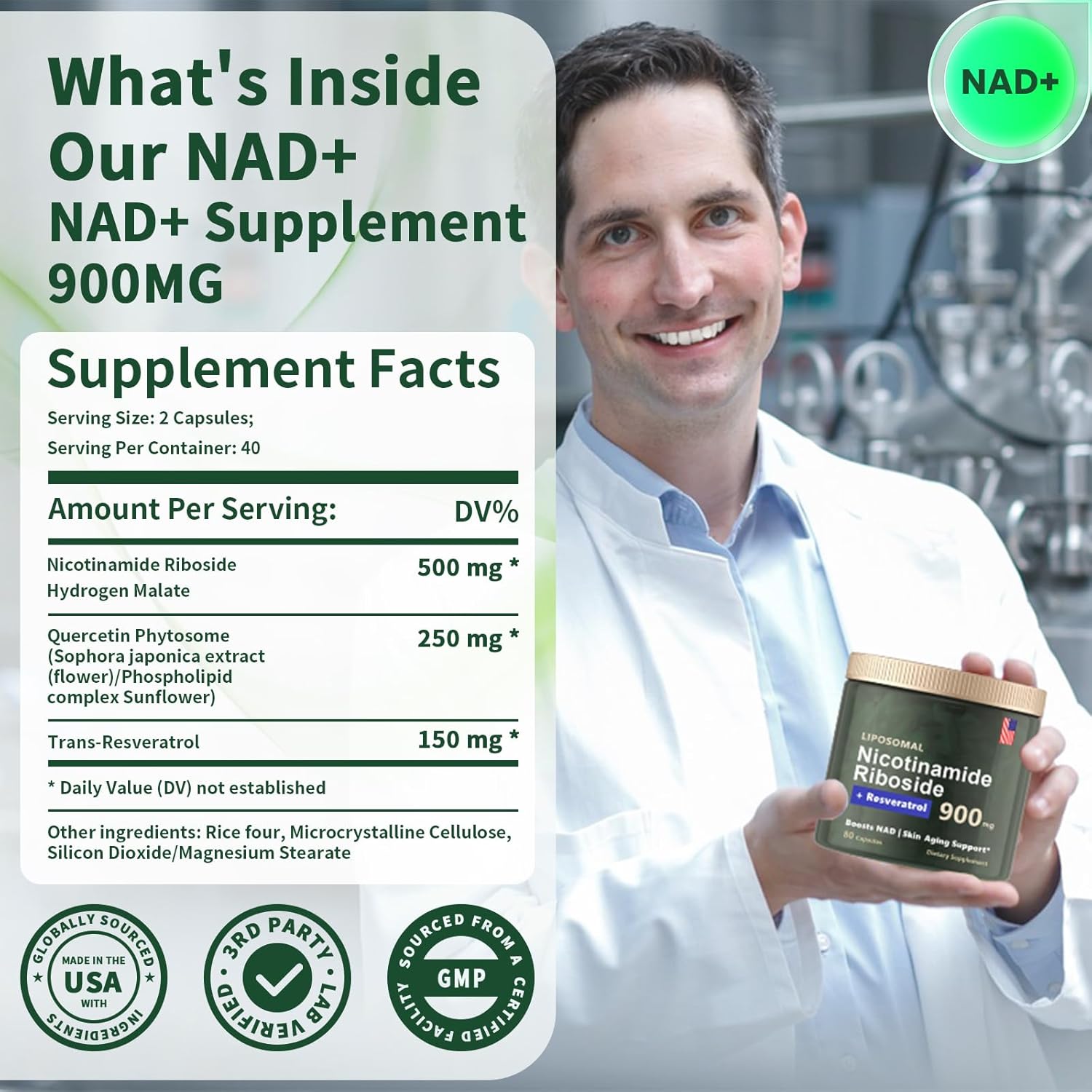 High Purity NAD+ Supplement with NMN, Resveratrol, Quercetin - 900mg Liposomal Nicotinamide Riboside for Anti-Aging, Energy, Focus - 80 Capsules