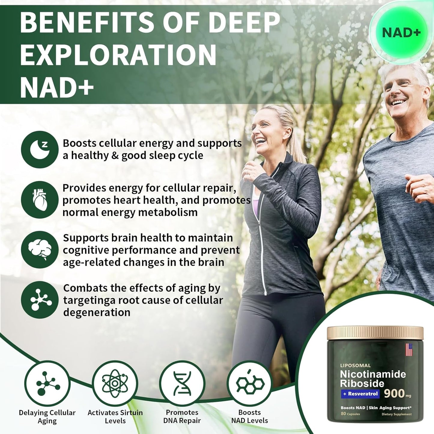 High Purity NAD+ Supplement with NMN, Resveratrol, Quercetin - 900mg Liposomal Nicotinamide Riboside for Anti-Aging, Energy, Focus - 80 Capsules