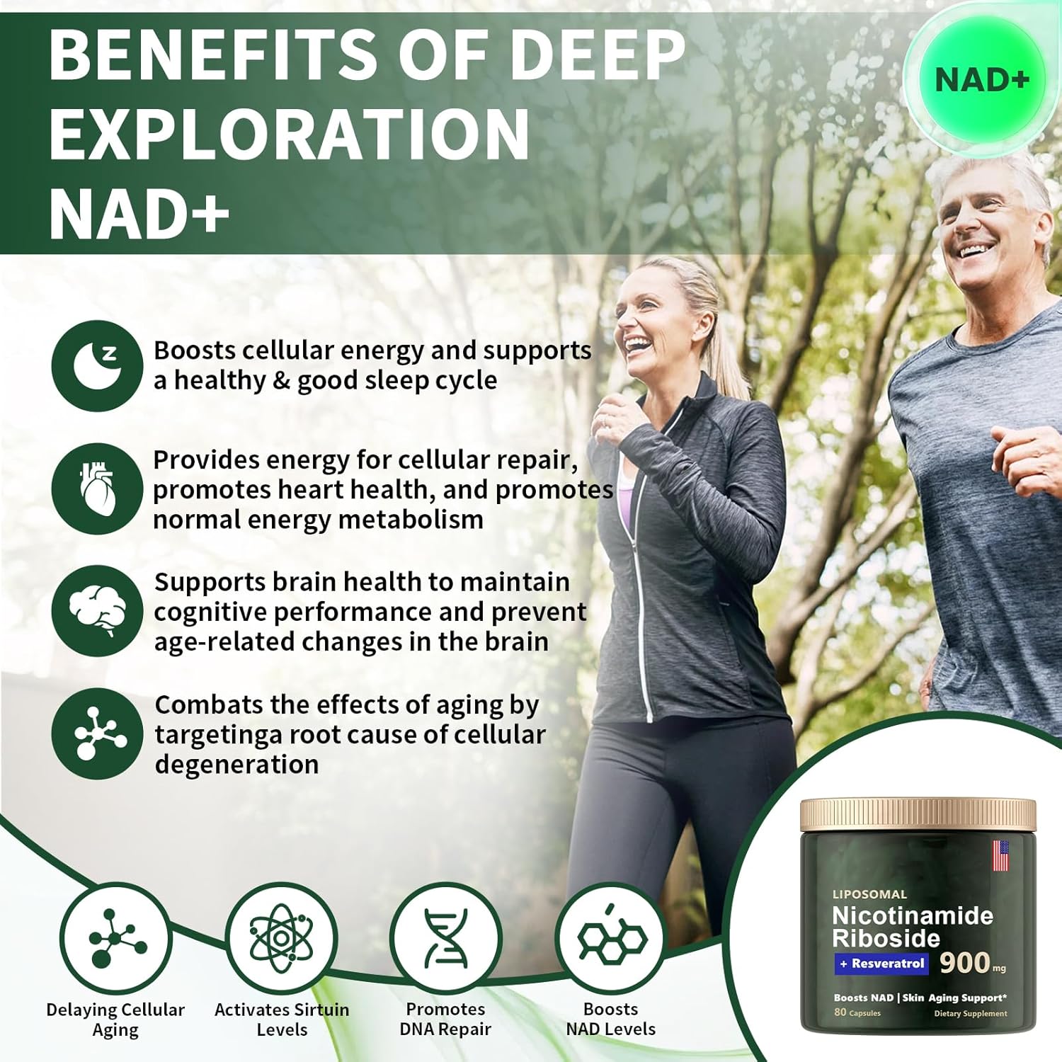 High Purity NAD+ Supplement with NMN, Resveratrol, Quercetin - 900mg Liposomal Nicotinamide Riboside for Anti-Aging, Energy, Focus - 80 Capsules