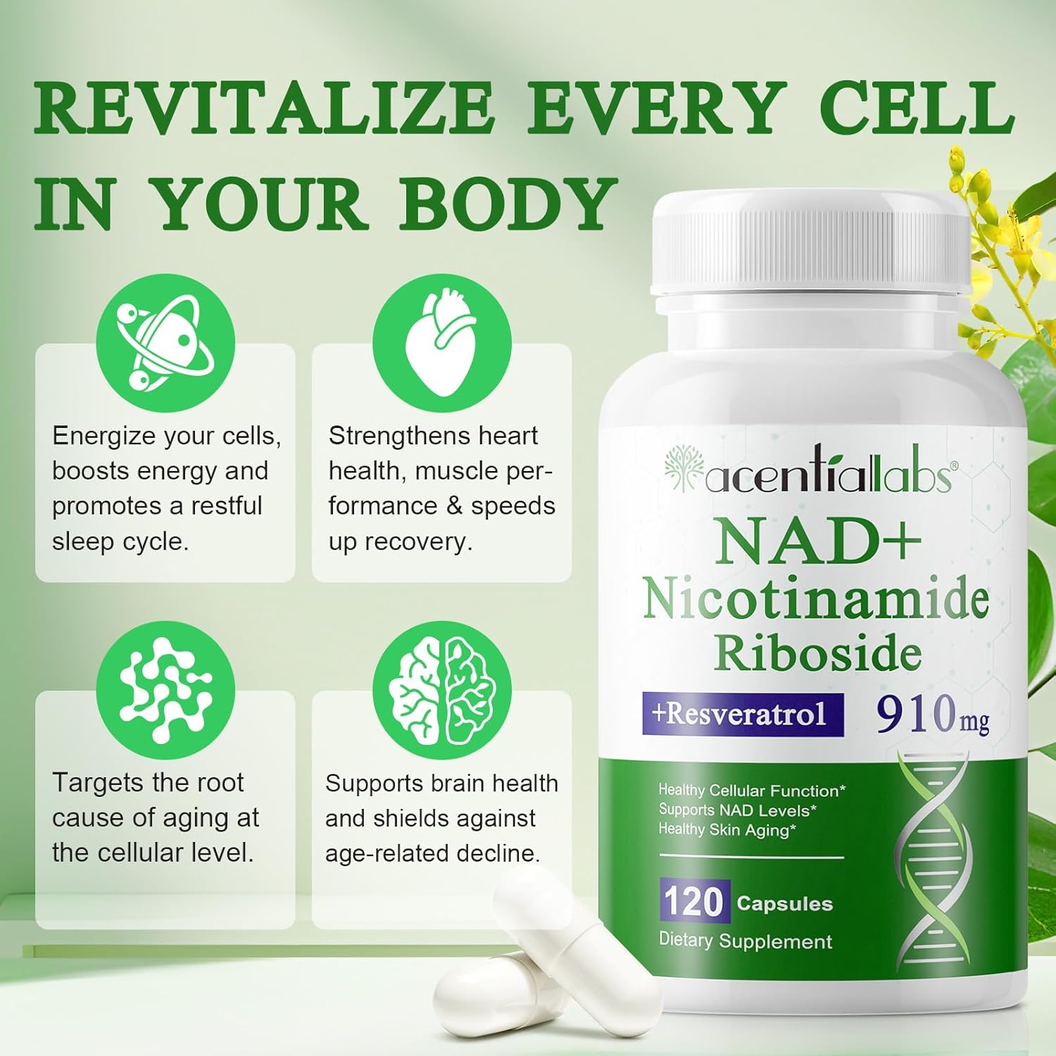 High Purity NAD Supplement with Resveratrol for Healthy Cellular Function - 910mg - 120 Capsules