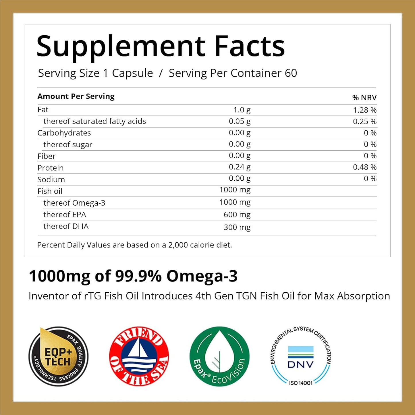 High Purity purmeo Non-Chemical Fish Oil Supplement - 1000mg Omega 3 Capsules with Max Absorption - 600mg EPA & 300mg DHA - 60 Day Supply
