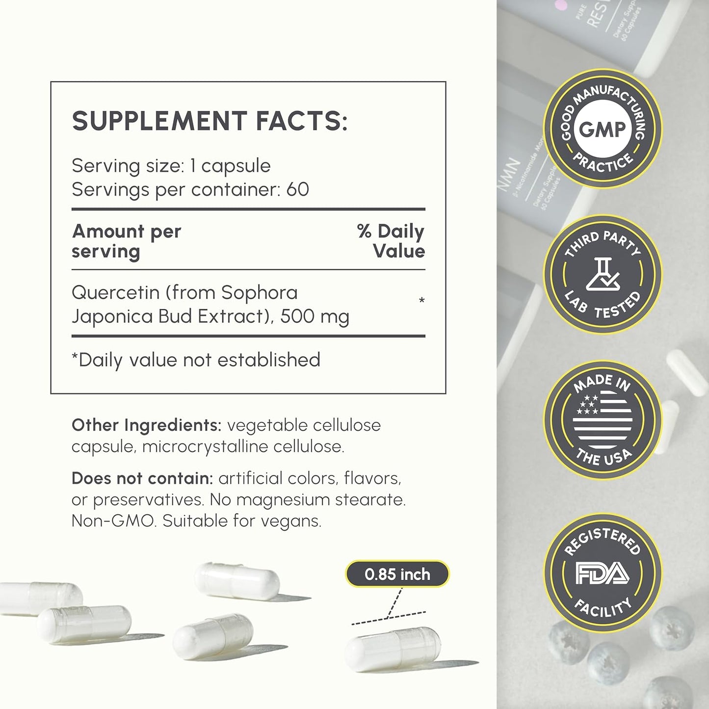 High Purity Quercetin Supplement - 500mg per Capsule - 60 Capsules - Third Party Tested - Promotes Overall Health & Wellbeing
