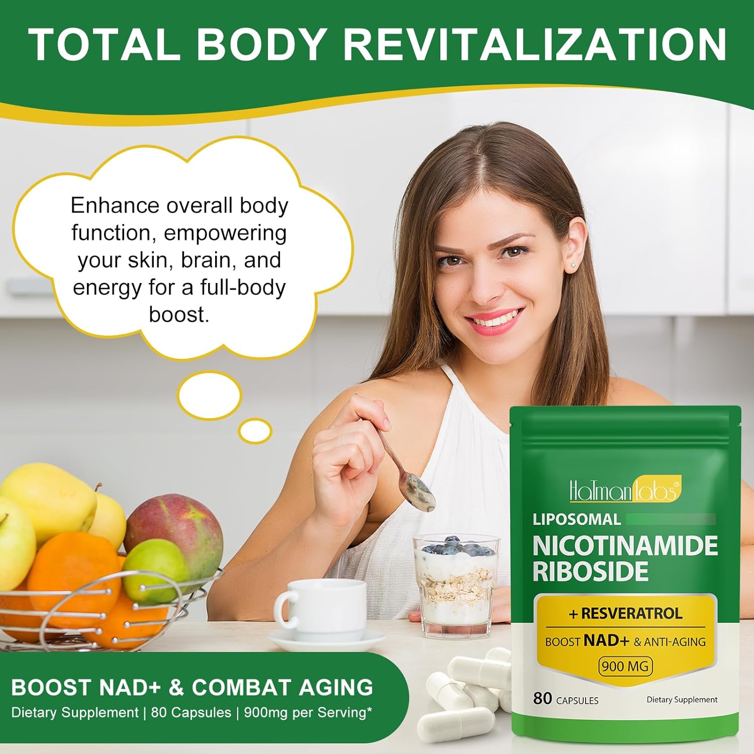 High Purity Resveratrol NAD Supplement for Skin Tag Removal and Anti-Aging - Liposomal Nicotinamide Riboside 900mg - 80 Capsules