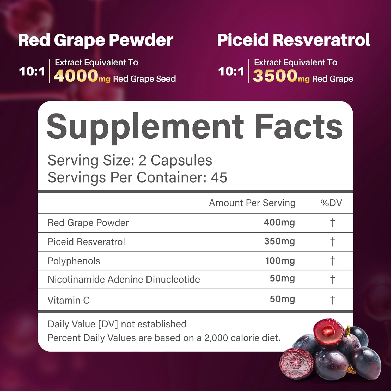 High Purity Sizyok Piceid Resveratrol and NAD+ Cell Regenerator Supplement for Heart Health and Energy Production, Red Grape Powder, 45 Day Supply