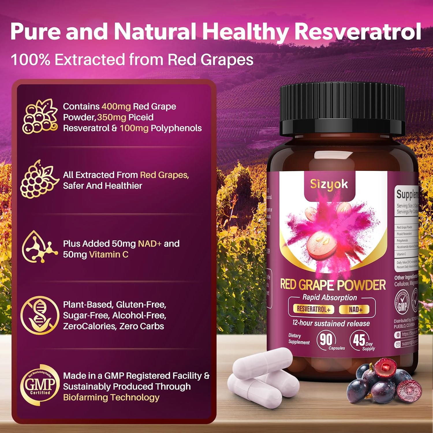 High Purity Sizyok Piceid Resveratrol & NAD+ Supplement for Heart Health & Cellular Energy, Red Grape Powder, 45 Day Supply