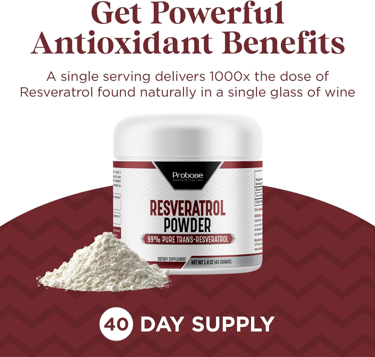 High Purity Trans Resveratrol Powder Supplement for Age Support - 40-Day Supply, 40g