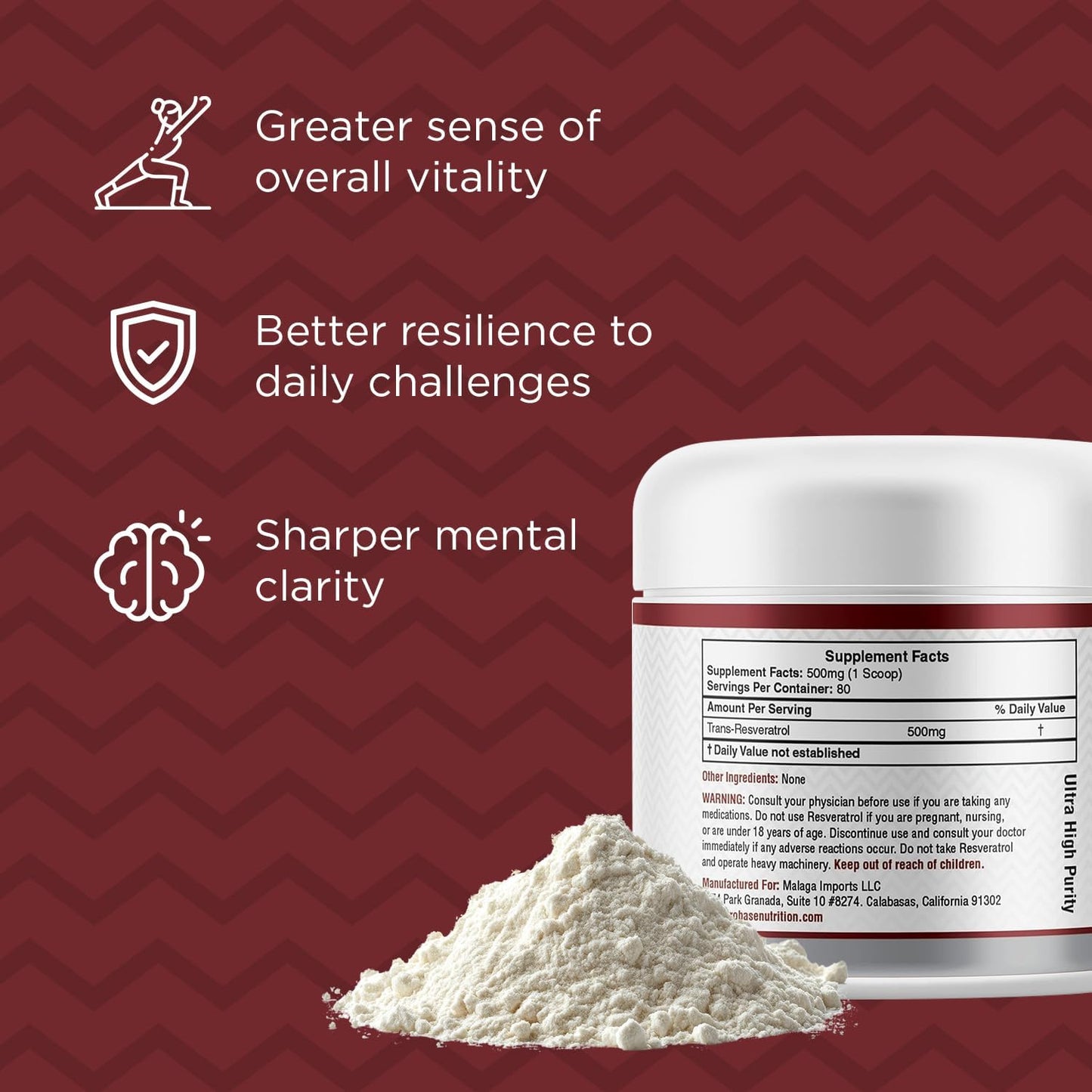 High Purity Trans Resveratrol Powder Supplement for Age Support - 40-Day Supply, 40g