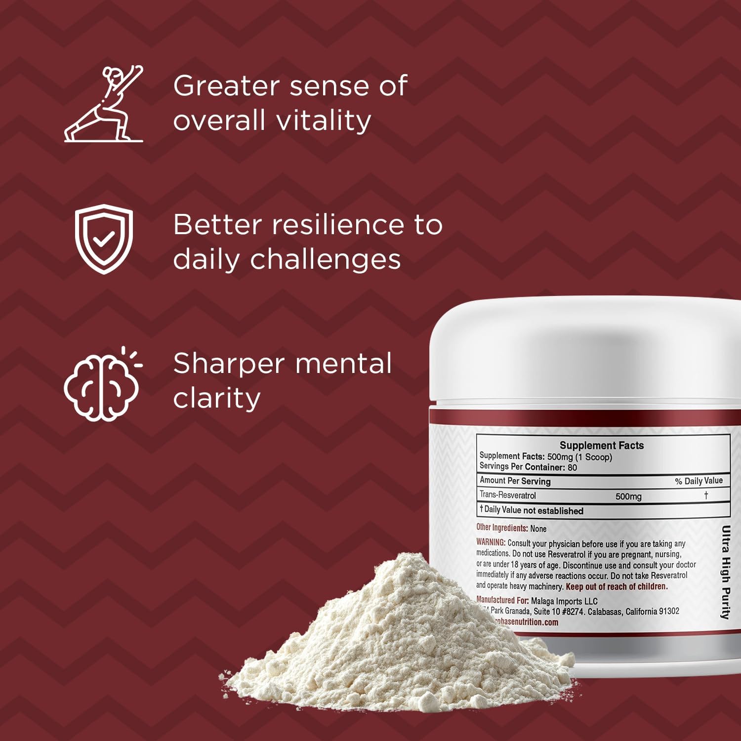 High Purity Trans Resveratrol Powder Supplement for Age Support - 40-Day Supply, 40g