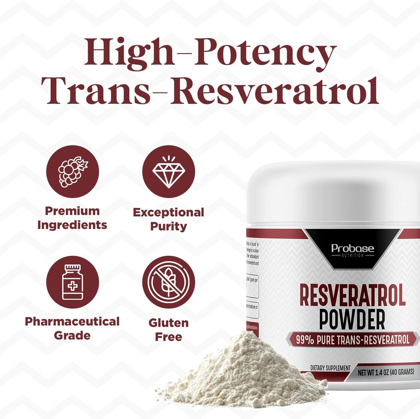 High Purity Trans Resveratrol Powder Supplement for Age Support - 40-Day Supply, 40g
