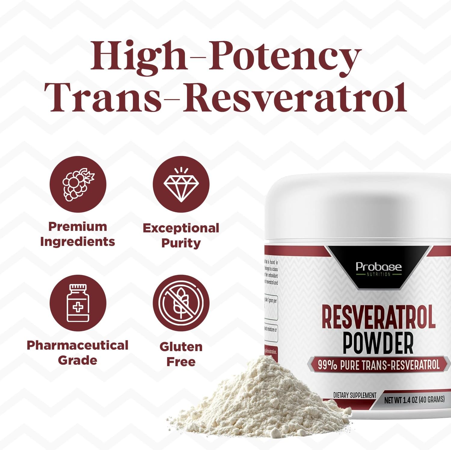 High Purity Trans Resveratrol Powder Supplement for Age Support - 40-Day Supply, 40g