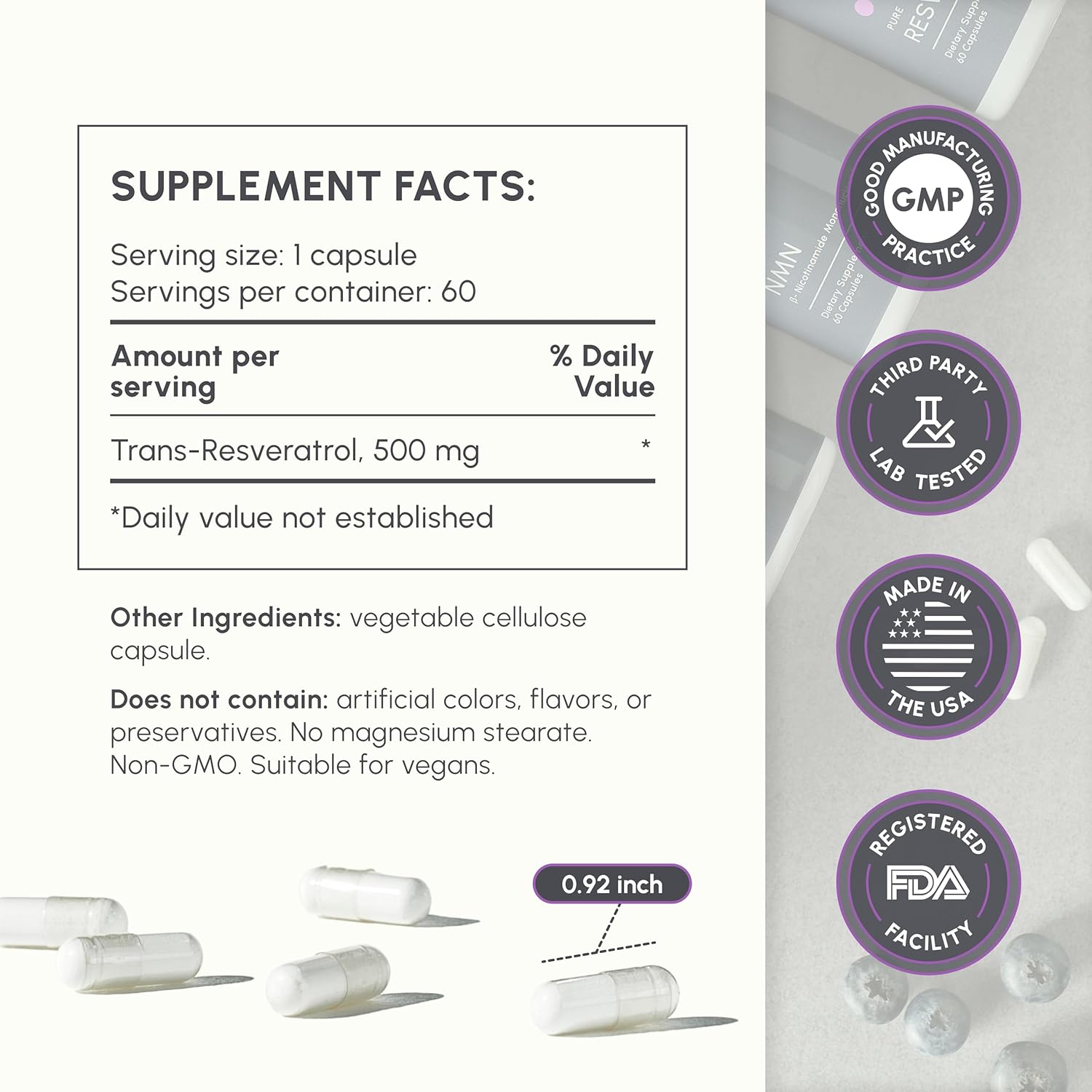 High Purity Trans Resveratrol Supplement 500mg - 98% Purity - Vegan - Sirtuin Activating - 60 Capsules